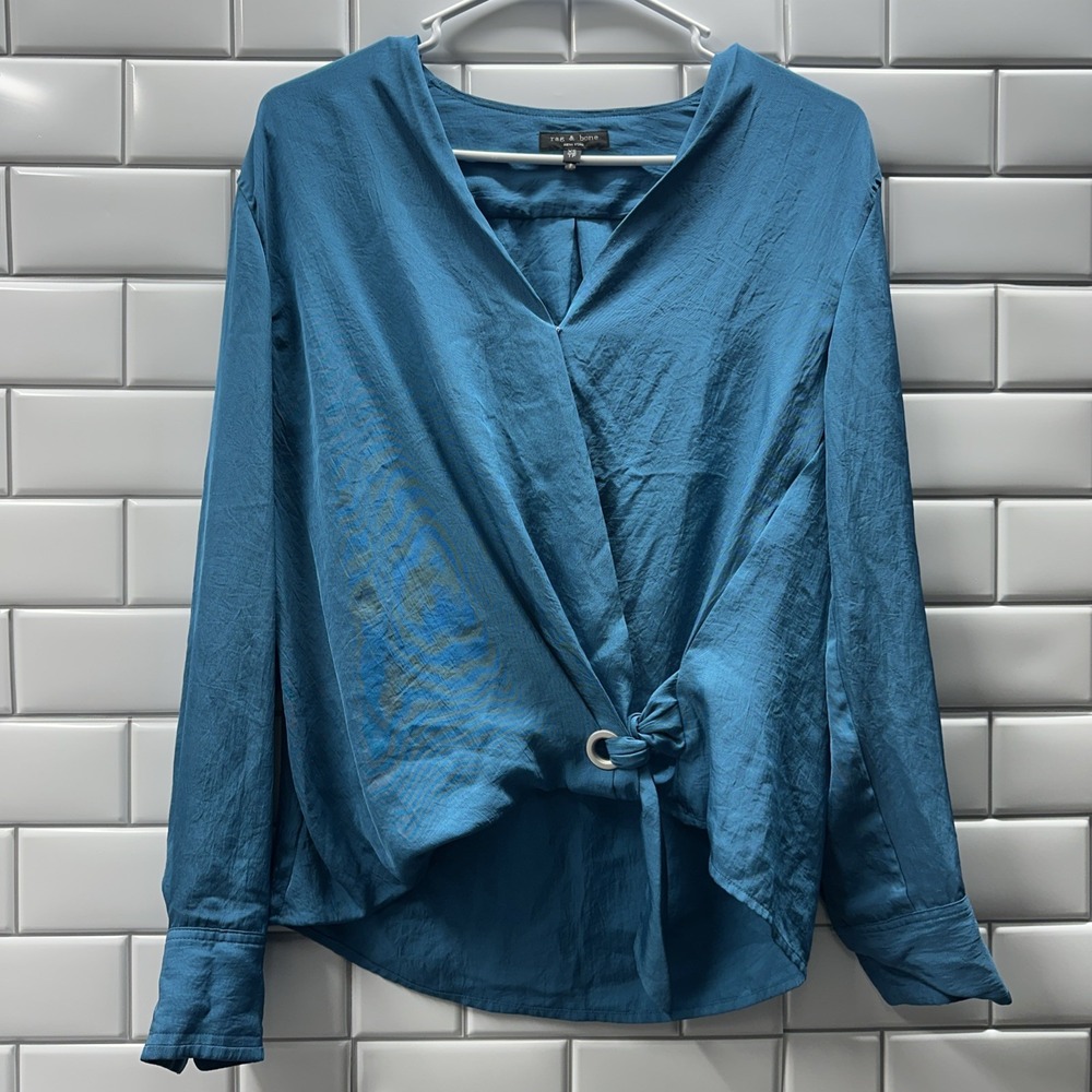 Rag & Bone Women's Size XS Felix Popover Blue Teal Long Sleeve Blouse Knotted